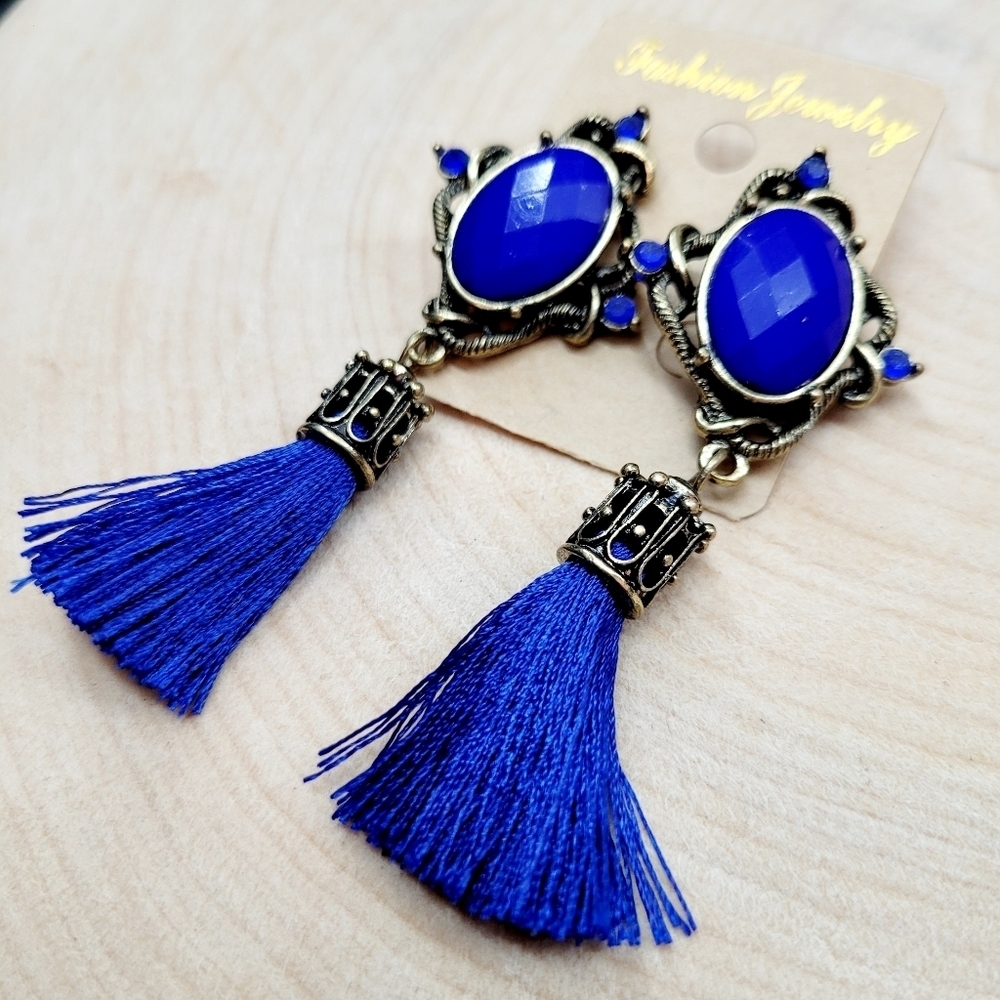 Brand New Bohemian Blue Titanium Black Tassel Earrings